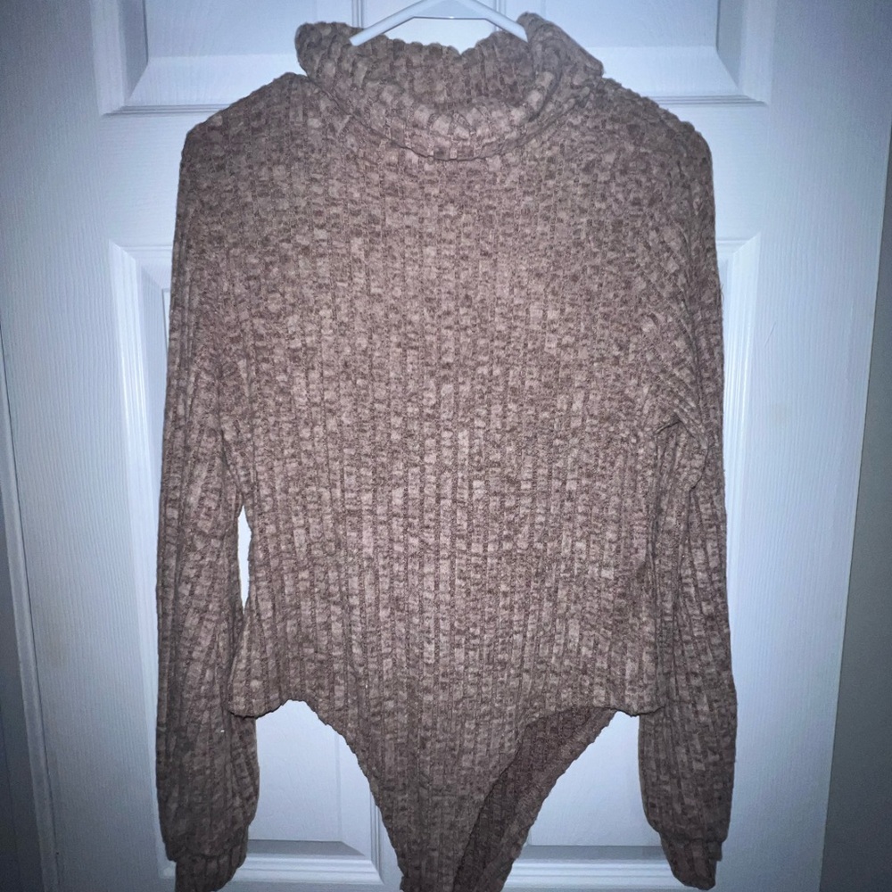 Brown Ribbed Turtleneck Bodysuit